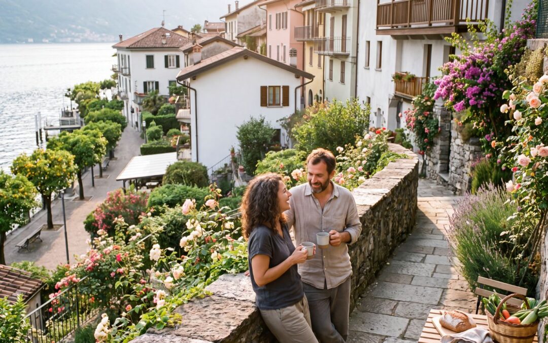 Couple enjoying coffee by a lakeside village, representing how higher income can create new choices for lifestyle and financial planning.
